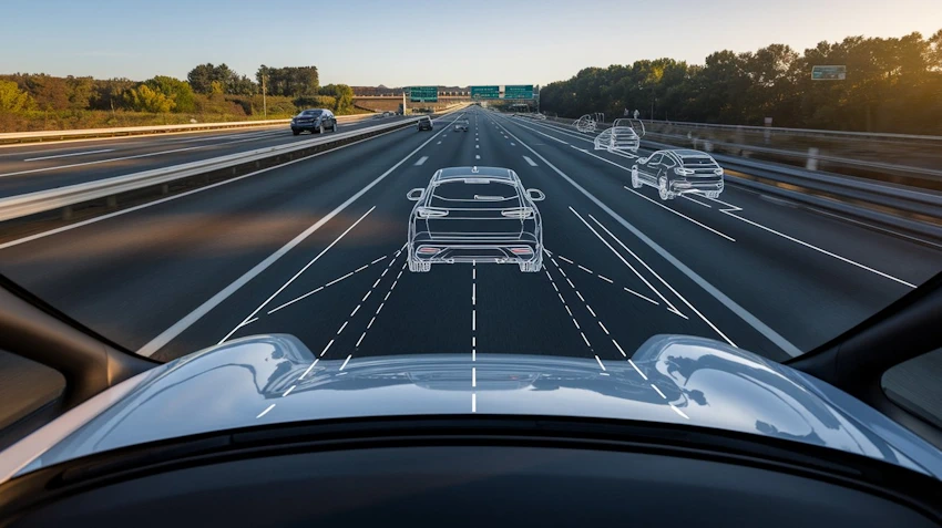 Blick aus dem Cockpit eines auf der Autobahn fahrenden Elektroautos mit schematischer Darstellung des umgebenden Verkehrs aus Sicht von Fahrassistenzsystemen