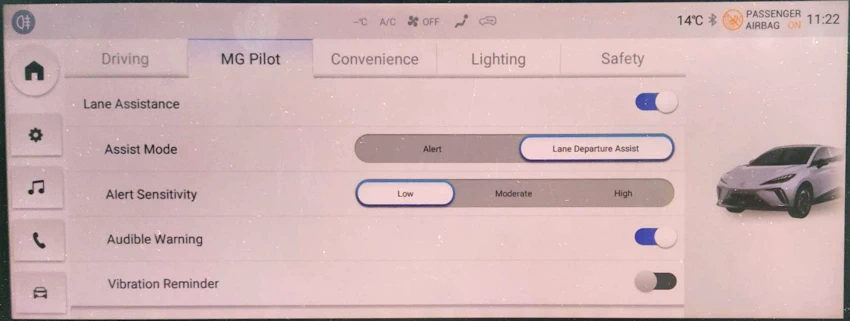 MG4 Electric Comfort Lane Assistance Settings Screen