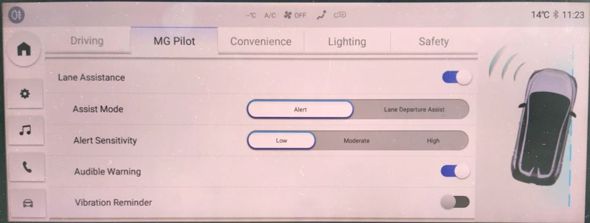 MG4 Electric Comfort Lane Assistance Settings Screen