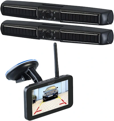 Lescars Auto Kamera: Solar-Funk-Front- und Rückfahrkamera mit Full HD und 5 Zoll Monitor (Kabellose Rückfahrkamera)
